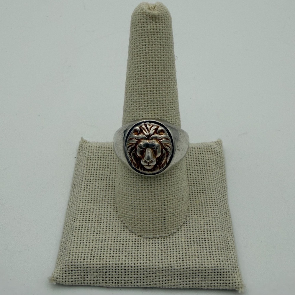 Vintage Sterling Silver Lion Head Stone Eyes Gold Face Mens Biker Ring Size 9